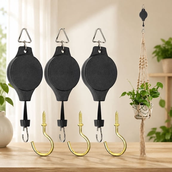 3-Pack Adjustable Plant Pulley Hangers Black Plastic Rope Hoists with 360 Swivel Hook, 35-Inch Extension, and Stainless Steel Mounting Hardware for Indoor and Outdoor Hanging Baskets