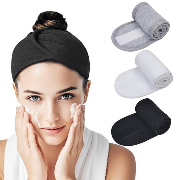 3-Pack Adjustable Velcro Terry Cloth Spa Headbands for Women - For Face Washing, Skincare, Makeup, and Shower (Gray, White, Black)