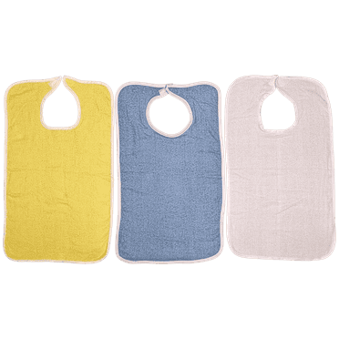 3 Pack Adult Bibs Terry Cloth Clothing Protector Velcro Closure 1 White | 1 Blue | 1 Yellow
