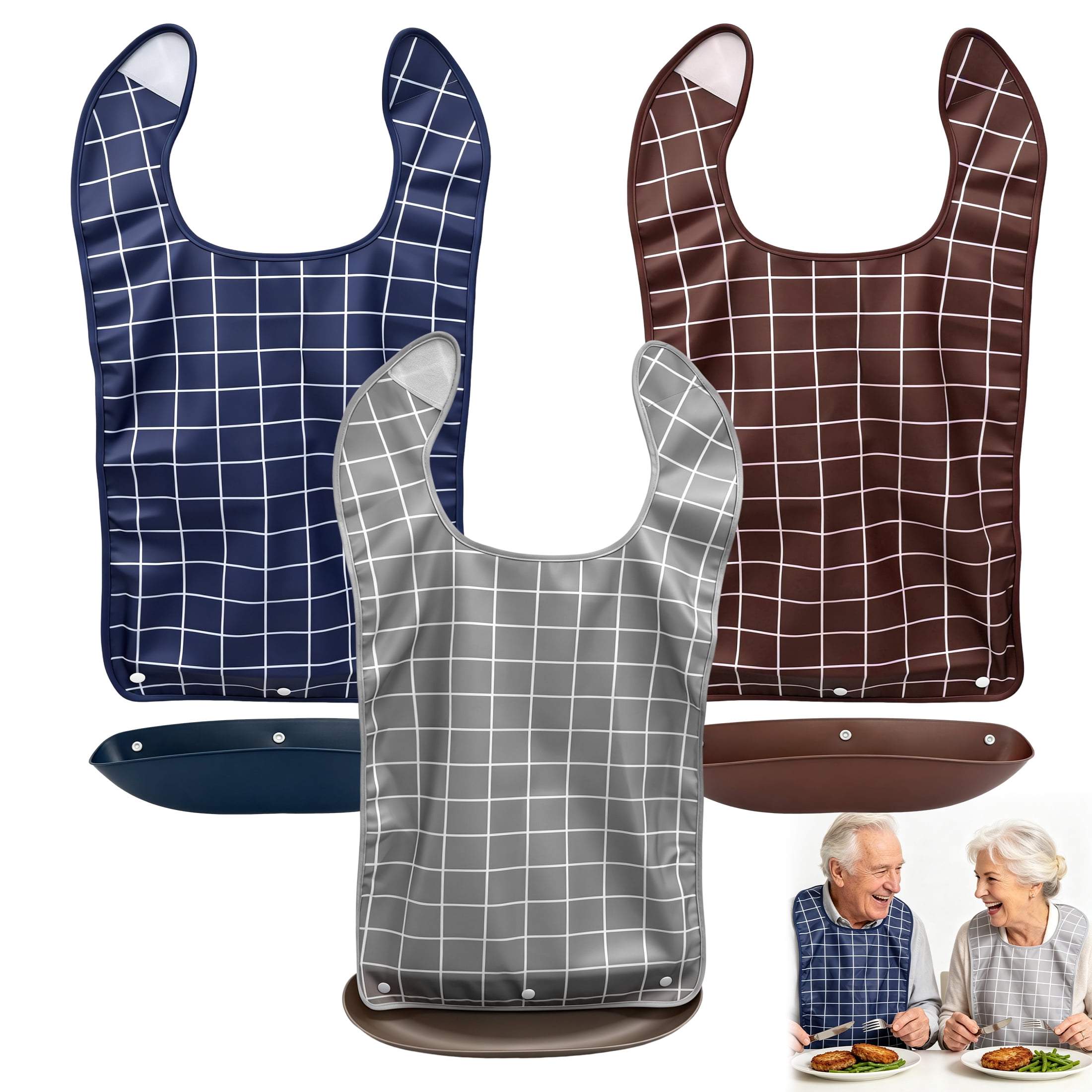3 Pack Adult Bib for Eating, Waterproof Elderly Bib with Removable Food Catcher Tray, Reusable Large Clothing Protector, Washable Dining Apron for Seniors, Nursing Home, 28.34 × 26.77 Inch