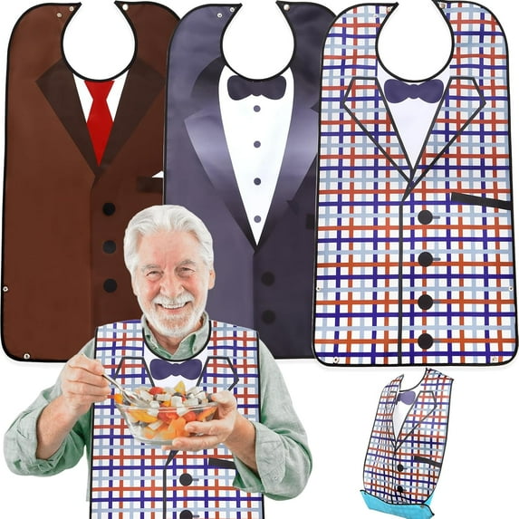 3 Pack Adult Bibs with Crumb Catcher, Washable and Waterproof, 34x17.5 Inch