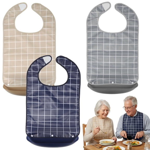 3 Pcs Adult Bibs, Waterproof Reusable Eating Aprons with Detachable Food Catcher Pocket, Adjustable Washable Polyester Covers for Senior Dining, Home Care, Travel