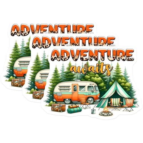 (3 Pack) Adventure Awaits Decals - Camping Camper Stickers - Laptop Decal - 3 Inches On Longest Side - Easy Peel & Apply - Made in USA - 3MCS2051