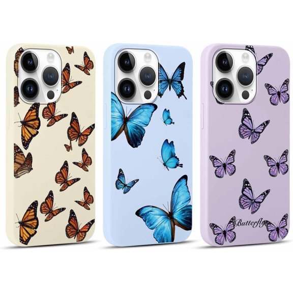 3 Pack Aesthetic Butterfly Girls Woman Phone Case for Apple iPhone 14 Pro 6.1 inches, Matte Soft Slim Shockproof TPU Bumper Cover for iPhone 14 Pro with Design, Blue&Purple&Beige