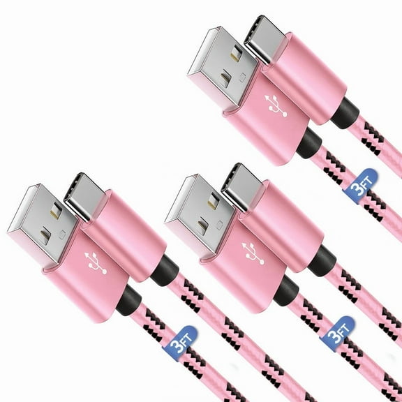 Afflux 3 Pack USB-A to USB-C Fast Charger Braided Type C Cable Compatible with iPhone 17 / 16 / 15 Pro Max Plus Air, Samsung Galaxy S25 S24 S23 Ultra, Google Pixel, iPad Pro, Universal (3ft, Pink)
