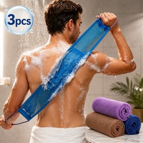 3Pack Exfoliating Net Body Scrubber with Handles, Long Bath Sponge Washcloth for Deep Cleansing