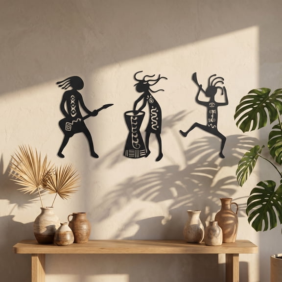 3 Pack African Wall Decor, Metal Wall Art Tribal Dancing Musicians Silhouette Set, Black Art Wall Decor for Living Room Bedroom Office Home Wall Sculpture Ornaments, 13.77 Inches