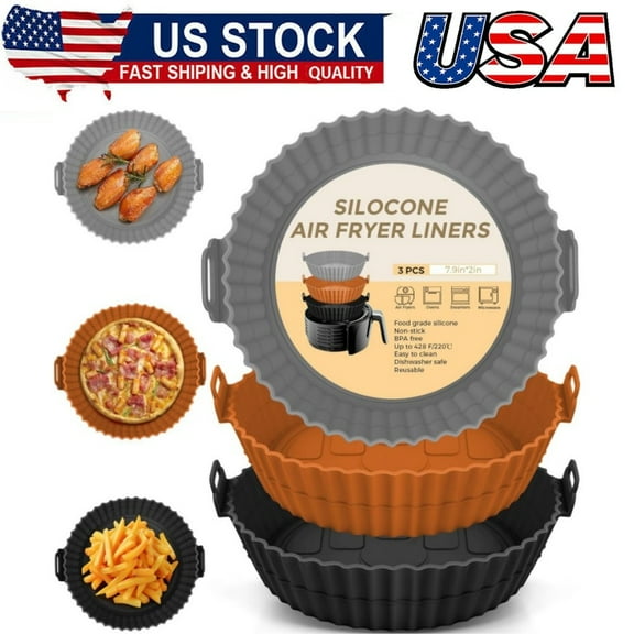3 Pack Air Fryer Liners - 8 In Silicone Pot, Reusable Food Grade, Baking Basket Accessories, Replacement for Flammable Disposable Parchment Paper