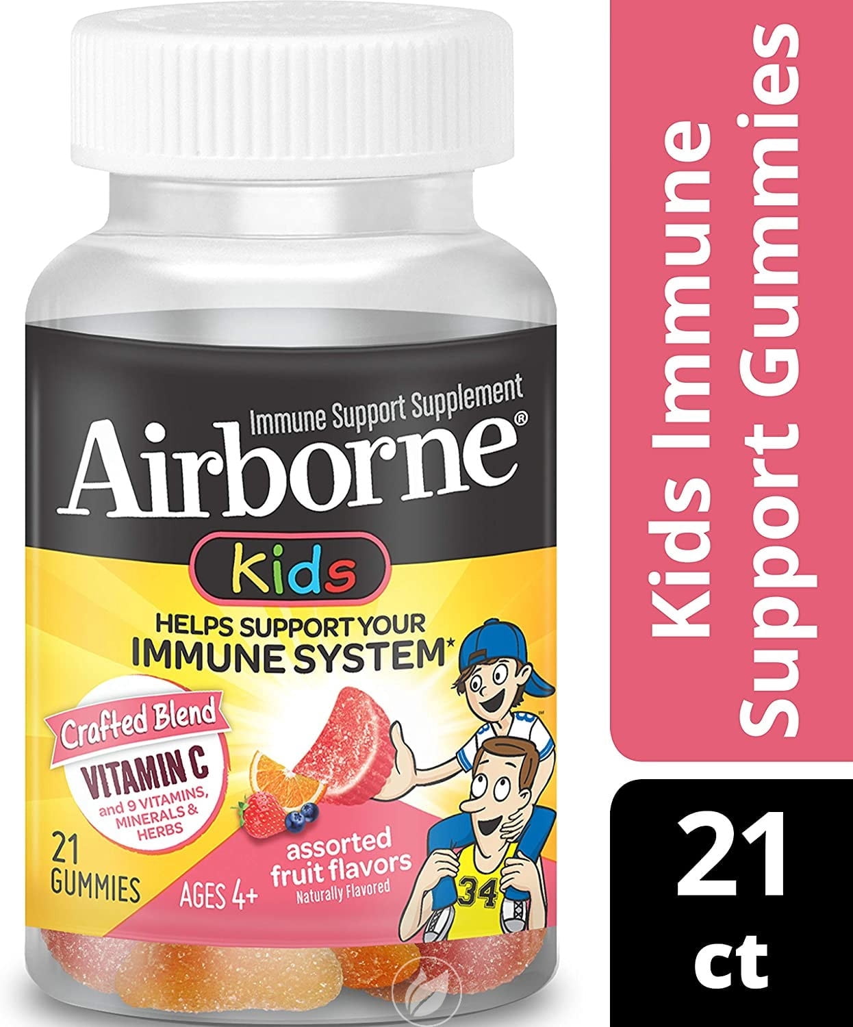 (3 Pack) Airborne Vitamin C 500mg - Airborne Kids Assorted Fruit Flavored Gummies (21 count in a bottle), Gluten-Free Immune Support Supplement with Echinacea and Ginger, Packaging May Vary