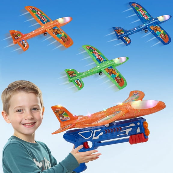 3 Pack Airplane Launcher Toys, Foam Glider Airplane with LED Light & Dinosaur Stickers, Catapult Plane Toy for Boys, Outdoor Flying Toys Gifts for 3-12 Years Old Kids