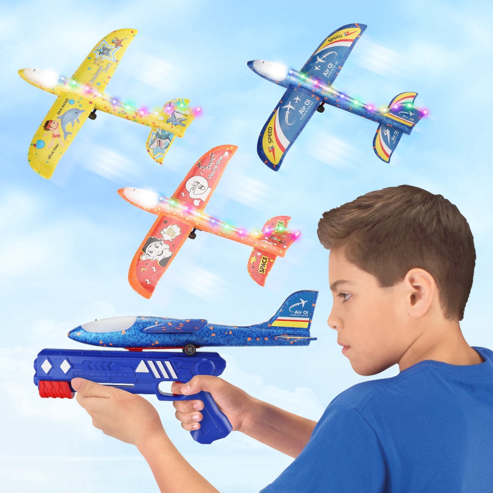 3 Pack Airplane Launcher Toys, 2 Flight Modes LED Light Foam Glider Catapult Plane Toy,Outdoor Flying Toys Birthday Gifts for Kids Boys Girls 3 4 5 6 7 8 9 10 Year Old