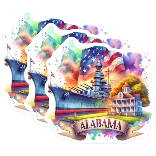 (3 Pack) Alabama Decals - Battleship USS - State Pride Laptop Decal- 3 Inches On Longest Side - Easy Peel & Apply - Made in USA - 3MCS5879