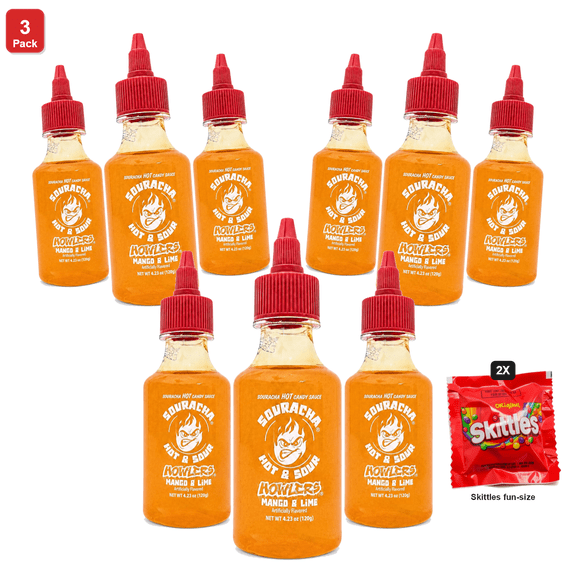 3 Pack | Alberts Souracha Mango and Lime Hot Candy, Full Size, 3 Count, with 2 Skittles Fun Size