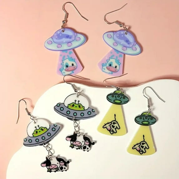 3 Pack Alien UFO Cow Earrings Cute Kawaii Pastel Abduction X-Files Invaders