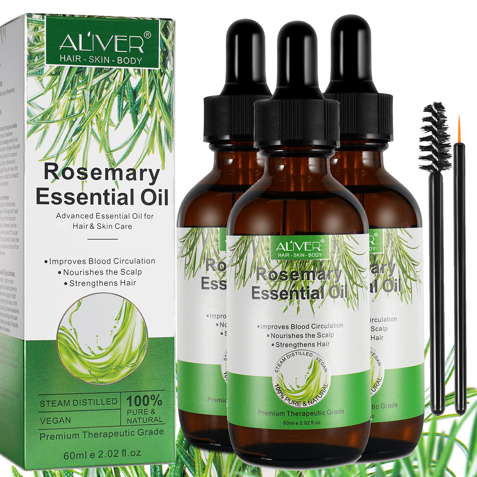 3Pack Aliver Rosemary Essential Oil for Hair Health, Pure and Natural, Perfect for Aromatherapy