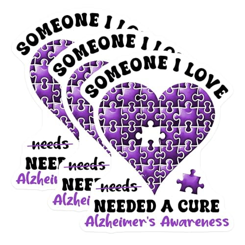 (3 Pack) Alzheimers Awareness Decals - Purple Puzzle Heart - Needed A Cure Decals - 3 Inches On Longest Side - Easy Peel & Apply - Made in USA - 3MCS8556