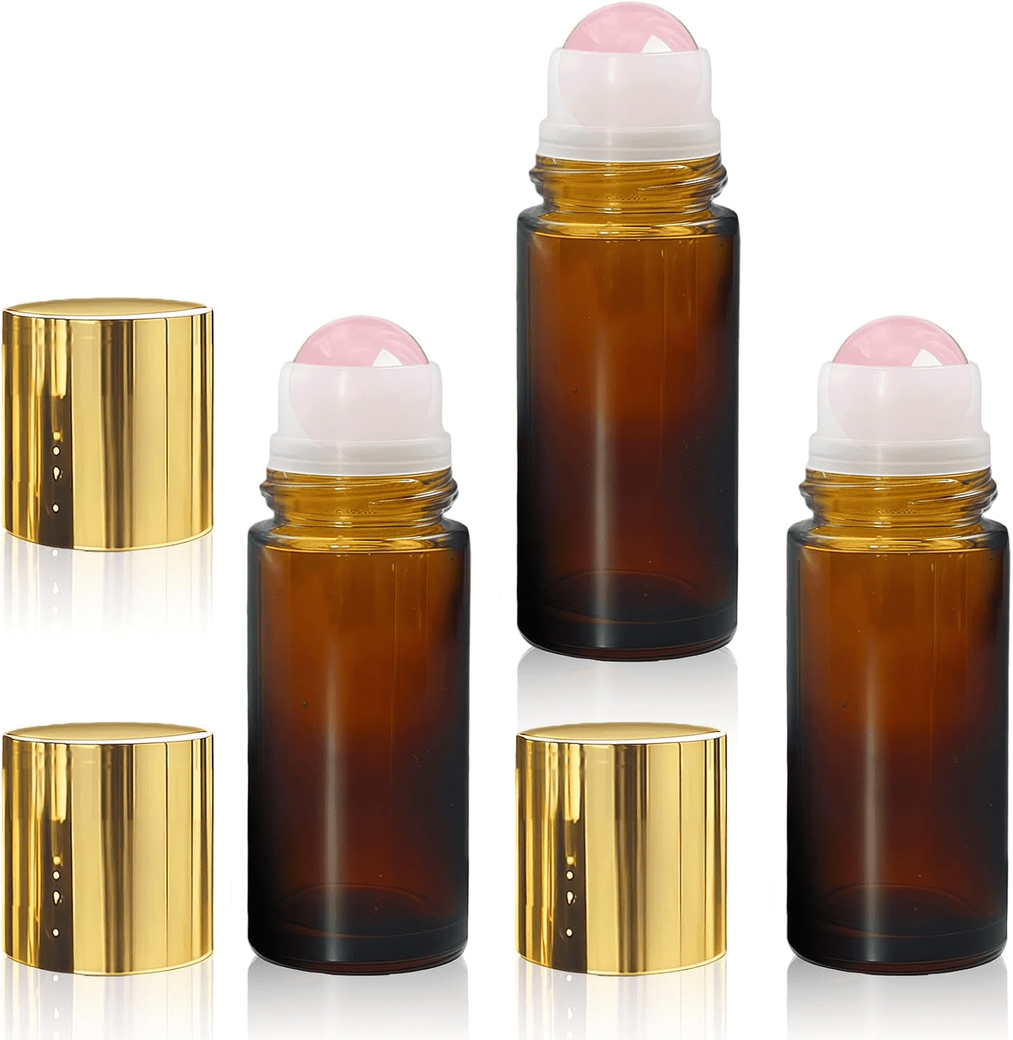 3 Pack Amber Glass Essential Oil Roller Bottles – 50ml Rose Quartz Roll On Bottles with Crystal Roller Balls, Leak-Proof Refillable Perfume Containers with Gold Caps for DIY & Travel