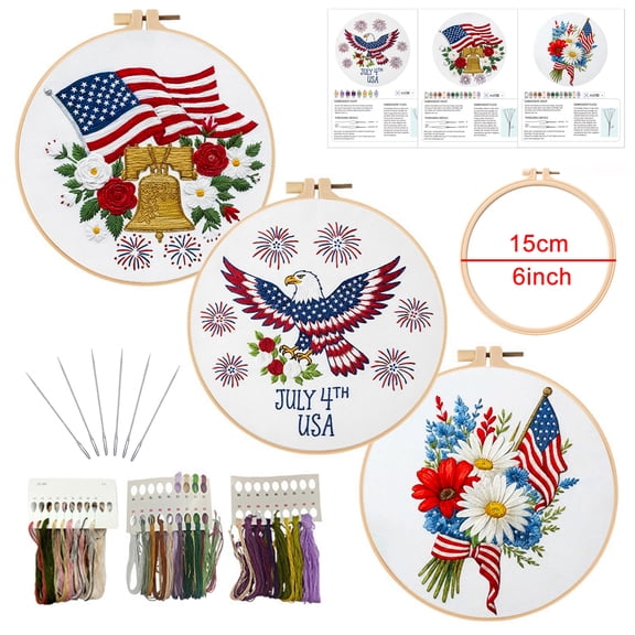 3 Pack American Flag Embroidery Kit for Beginners, Patriotic DIY Craft Set with 1 Piece 6 inch Hoop, Pre-Printed Fabric, Threads & Needles, Easy Starter Embroidery Kits for Adults & Kids