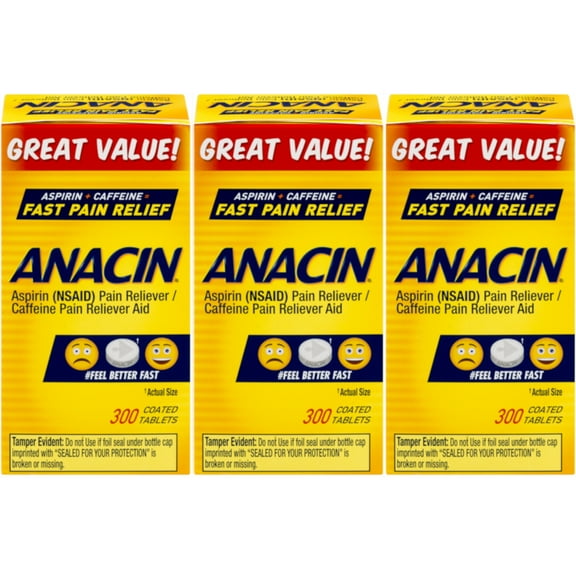 3 Pack Anacin Fast Pain Relief Aspirin & Caffeine Pain Reliever 300 Tablets Each