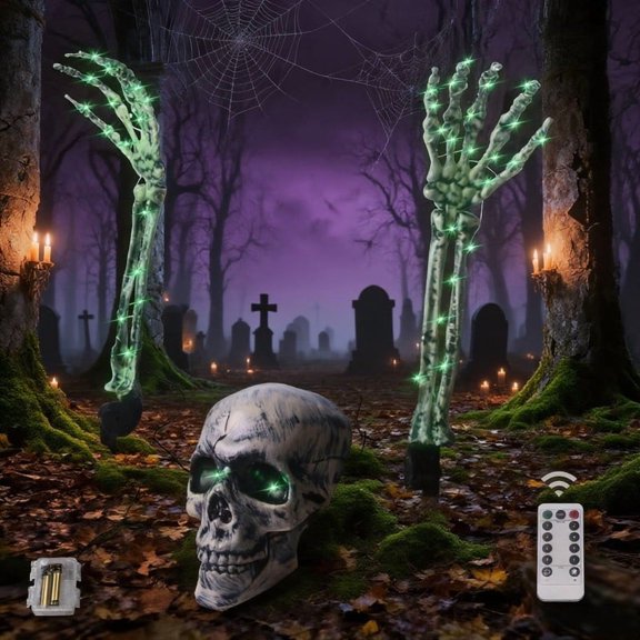 3-Pack Animated Skeleton Arms with Glowing Skulls, 45" Waterproof Halloween Stakes for Outdoor/Indoor Use, 8 Light Modes & Timer, Battery Operated Spooky Decor