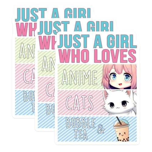 (3 Pack) Anime Cats Bubble Tea Decals - Laptop Decal - Kawaii Sticker - 3 Inches On Longest Side - Easy Peel & Apply - Made in USA - 3MCS6525
