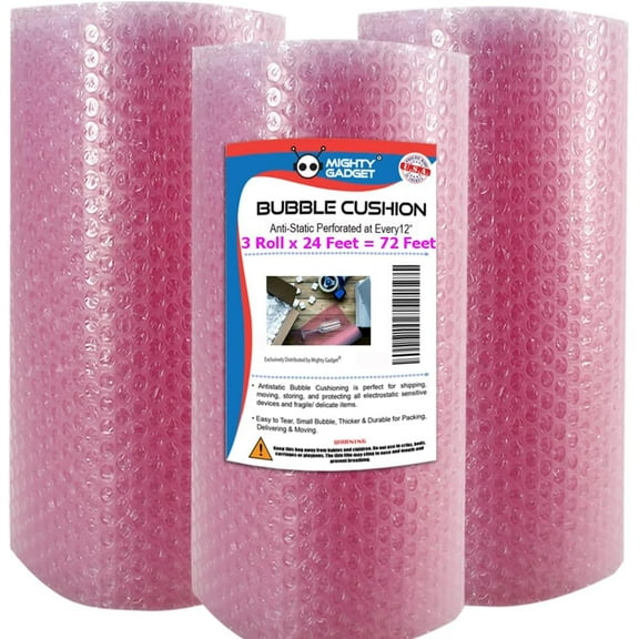 "Mighty Gadget Antistatic Bubble Cushioning Wrap 3 Pack 24' x 3 = 72 FT for Moving & Shipping, Perforated @ 12"""