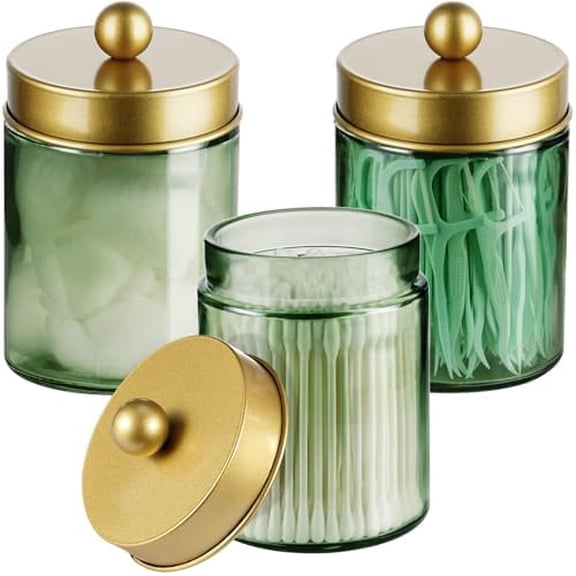 3 Pack Apothecary Jar Canisters Bathroom Vanity Organizer - Qtip Holder Storage Organizer Set Countertop Canister with Stainless Steel Lids &Cute Stickers for Qtips,Cotton Swabs,Makeup Sponges,Floss