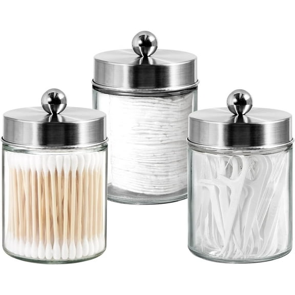 3 Pack Apothecary Jar Canisters Bathroom Vanity Organizer - Qtip Holder Storage Organizer Set Countertop Canister with Stainless Steel Lids &Cute Stickers for Qtips,Cotton Swabs,Makeup Sponges,Floss