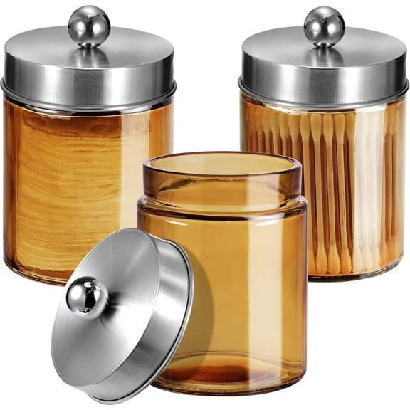 3 Pack Apothecary Jar Canisters with Stainless Steel Lids, Bathroom Vanity Organizer, Q-tip Holder, Storage Set with Decorative Stickers for Cotton Swabs, Makeup Sponges, Floss