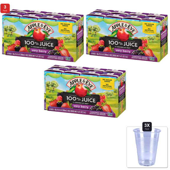 3 Pack | Apple & Eve 100% Juice Very Berry, No Sugar Added, 6.75 Fl Oz, Pack Of 8 & 3x Disposable Cup