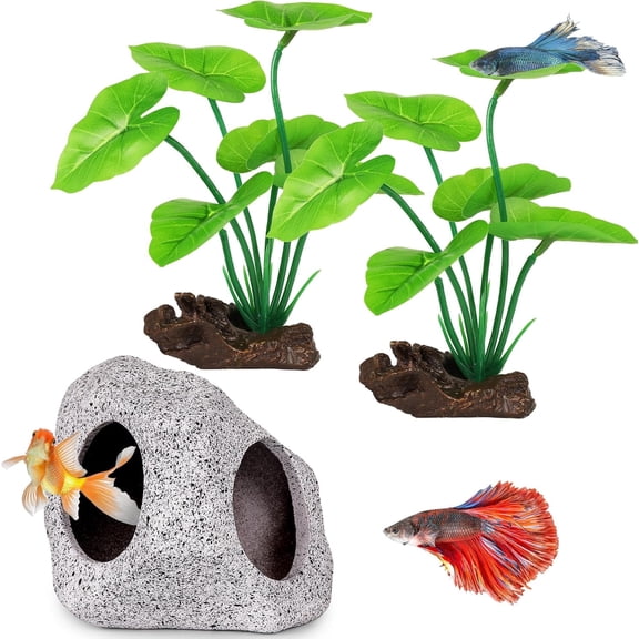 3 Pack Aquarium Decor Set with Smooth Ceramic Hiding Cave & Weighted Soft Silk Water Plants, Non-Toxic Ornaments for Fresh Salt Water Fish Tanks