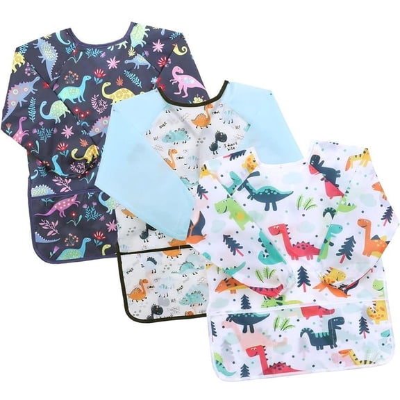 3 Pack Art Smock Toddler Painting Apron Age 3-8,Waterproof Artist Painting Aprons Long Sleeve With 3 Pockets For Painting, Cooking, Crafts, Clay