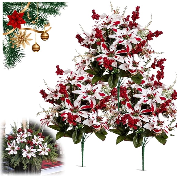3 Pack Artificial Christmas Poinsettia Planter Inserts, Red and White Faux Flowers with Berries, UV Resistant Outdoor Holiday Decor for Porch Wall Window and Door