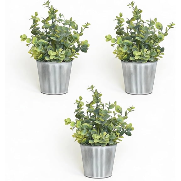 3-Pack Artificial Euc Plants in White Ribbed Galvanized Metal Pots, Small Fake Greenery Potted Plants for Home Decor, Rustic Farmhouse Table Centerpiece for Kitchen, Bathroom, Bedroom & Office