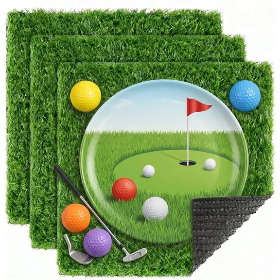 3 Pack Artificial Grass Mats for Golf Party Decorations - 12" x 12" Fake Grass Square Table Placemats for Baseball Hawaiian Birthday, Artificial Turf Tiles for DIY Crafts