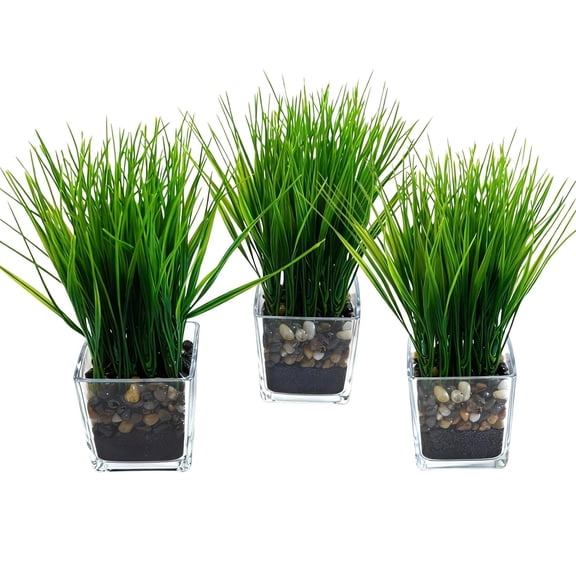 3-Pack Artificial Grass in Glass Planters, Small 3x3x8.7" Faux Greenery Modern Tabletop Decorative Plants for Desks, Shelves & Indoor Spaces