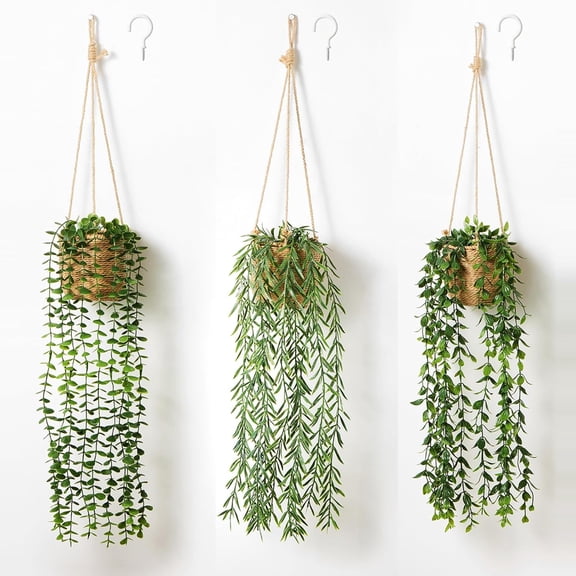 3 Pack Artificial Hanging Plants in Boho Handwoven Baskets for Living Room, Bedroom, Bathroom Wall Shelf Decor