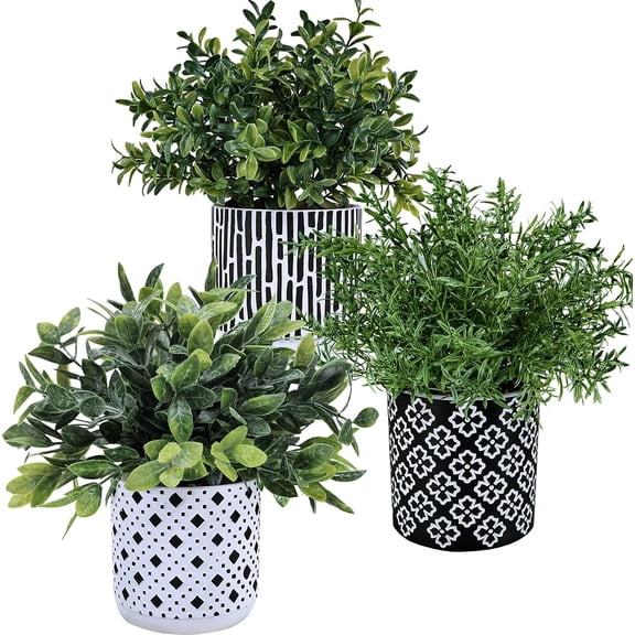3-Pack Artificial Potted Plants - Faux Euc, Rosemary, Boxwood Greenery in Small Black & White Geometric Concrete Pots -Desk, Table, Shelf, Windowsill Decor for Indoor Outdoor Home Office