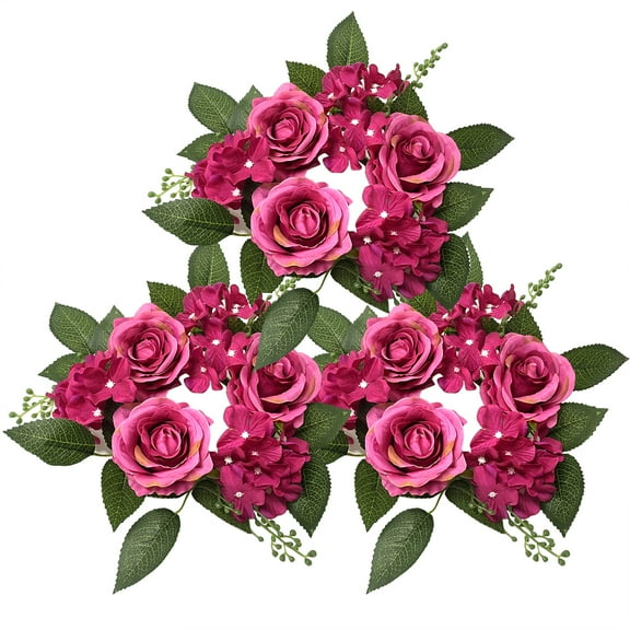 3 Pack Artificial Rose Candle Ring Flower Wreaths for Candlestick Wedding Table Decoration