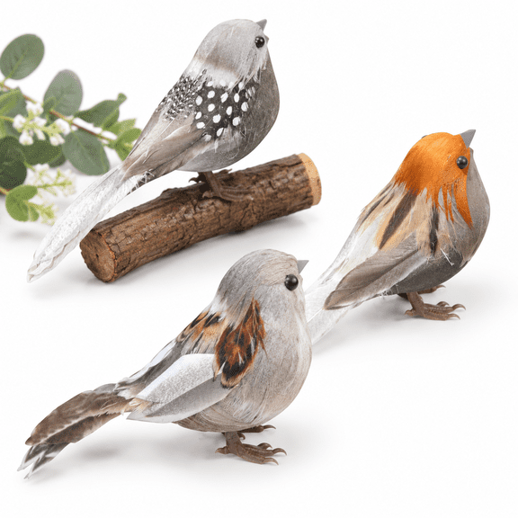 3 Pack Artificial Sparrow Ornaments with Clips, Realistic Faux Feathered Decor