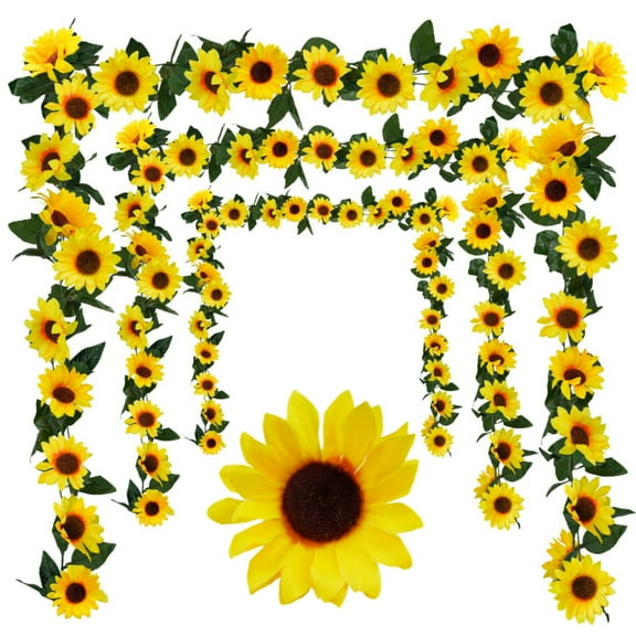 3 Pack Artificial Sunflower Garland, 7.5ft/Strand Silk Sunflowers Hanging Vines Flowers with Green Leaves for Room Kitchen Garden Birthday Wedding Baby Shower Party Table Decor Large