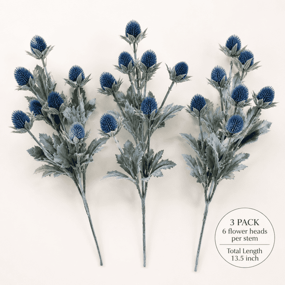 3 Pack Artificial Thistle Flowers Eryngiums Faux Plants Floral Tree Picks Christmas Greenery Picks and Sprays for Garden Wedding Prom Party Bouquet Floral Arrangement (Blue)