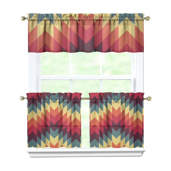 3 Pack Artistic Tier Curtains - Colorful Abstract Design Semi-Sheer Kitchen Set (54x18 + 2x27.5x24 Inch) Psychedelic Rod Pocket Panels - Pop Art Decor