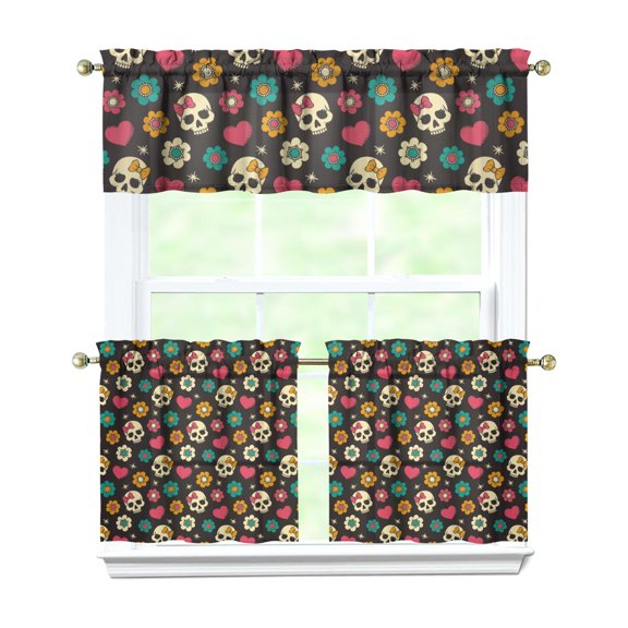 3 Pack Artistic Tier Curtains for Kitchen - Abstract Geometric Floral & Skull Print, Mystic Bone & Butterflies Design, Farmhouse Caf Window Treatment Panels with Rod Pocket