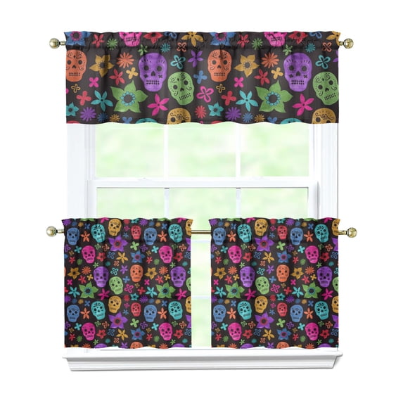 3 Pack Artistic Tier Curtains for Kitchen - Abstract Geometric Floral & Skull Print, Mystic Bone & Butterflies Design, Farmhouse Caf Window Treatment Panels with Rod Pocket