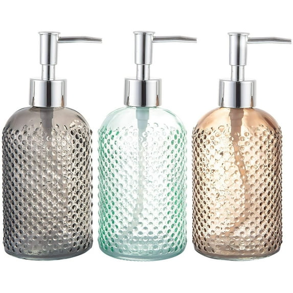 3 Pack Assorted Glass 15 Ounce Lotion Soap Dispenser Bottle with Pump for Bathroom, Kitchen