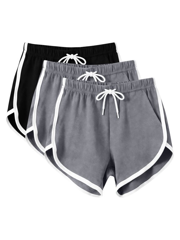 3 Pack Athletic Shorts for Women Drawstring Elastic Waist Dolphin Shorts Casual Running Shorts Color Block Workout Gym Yoga Casual Shorts Gray-Gray-Black L