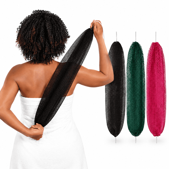 3 Pack Authentic African Net Sponge, 45" Stretch Exfoliating Bath Net Back Scrubber for Shower, Quick Dry Double-Knotted Body Loofah, Black