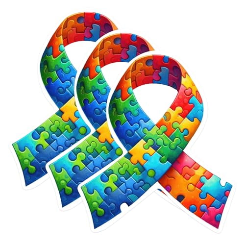 (3 Pack) Autism Awareness Decals - Jigsaw Puzzle Ribbon Decals - Laptop Decal - 3 Inches On Longest Side - Easy Peel & Apply - Made in USA - 3MCS0587