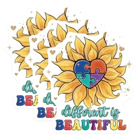 (3 Pack) Autism Awareness Decals - Puzzle Heart Sunflower - Different is Beautiful Stickers - 3 Inches On Longest Side - Easy Peel & Apply - Made in USA - 3MCS2927
